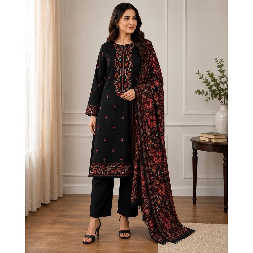 NEW Women Indian Pakistani 3PC Kurta Pants Dupatta Black Floral Embroidered A12